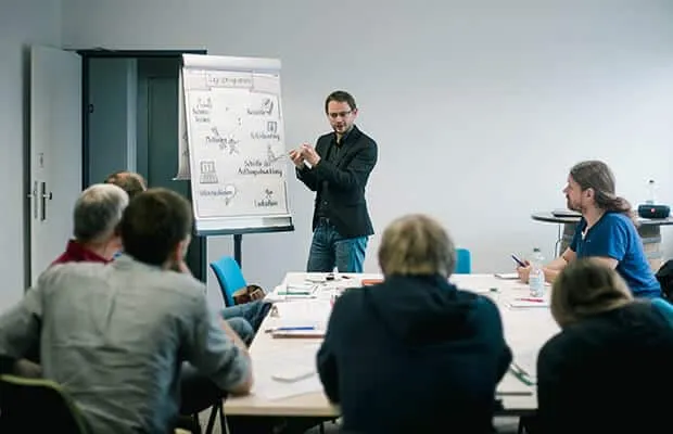 Ein Trainer moderiert an der Flipchart vor einer Seminargruppe